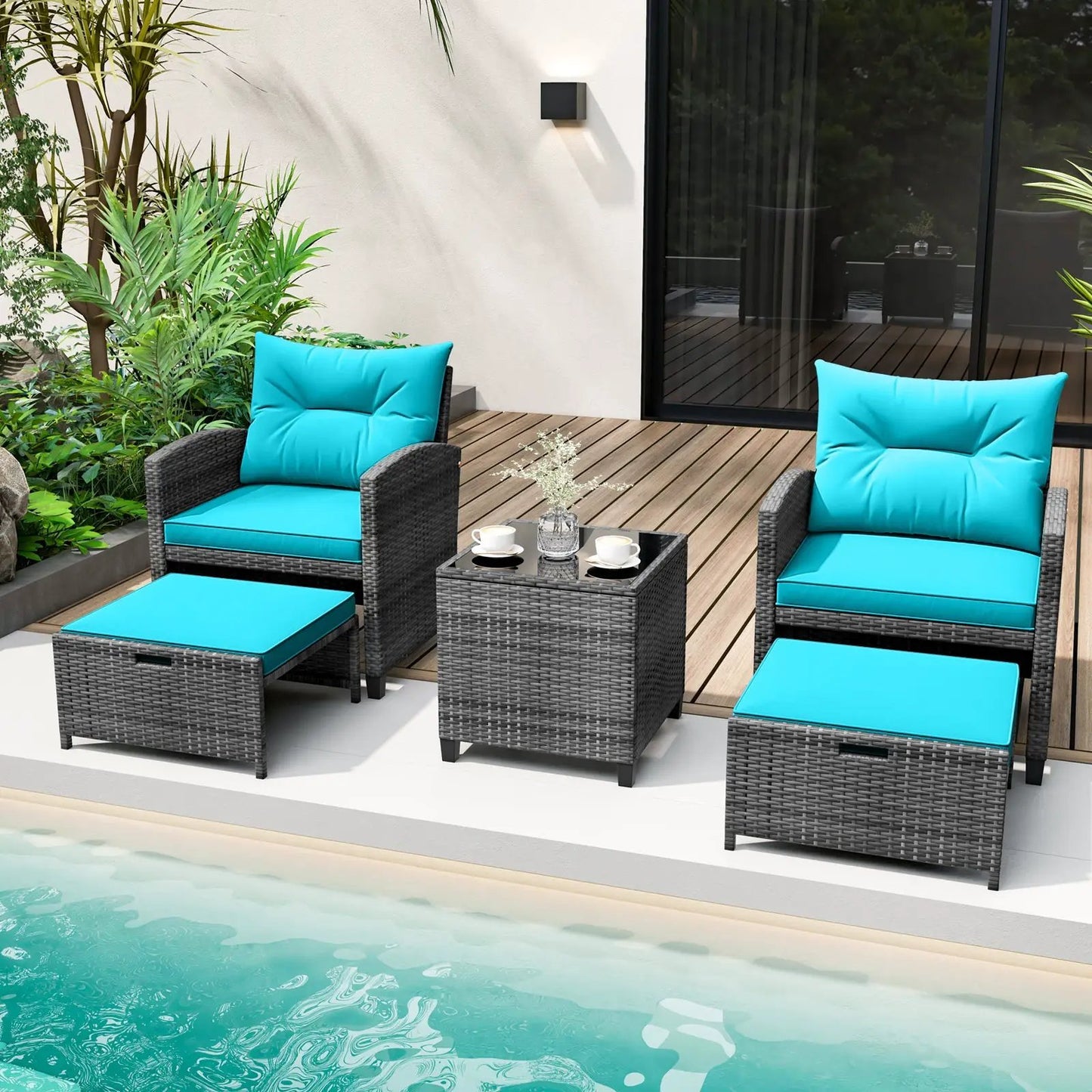 Patio Rattan Set with Ottomans and Glass Table