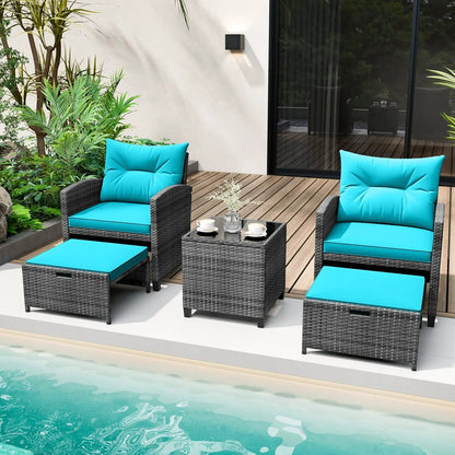 Patio Rattan Set with Ottomans and Glass Table