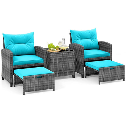 Patio Rattan Set with Ottomans and Glass Table