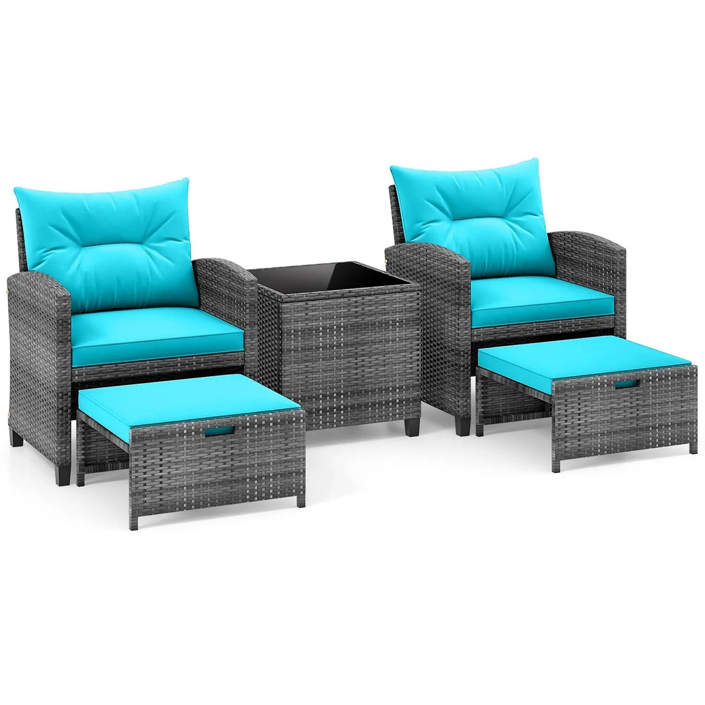 Patio Rattan Set with Ottomans and Glass Table