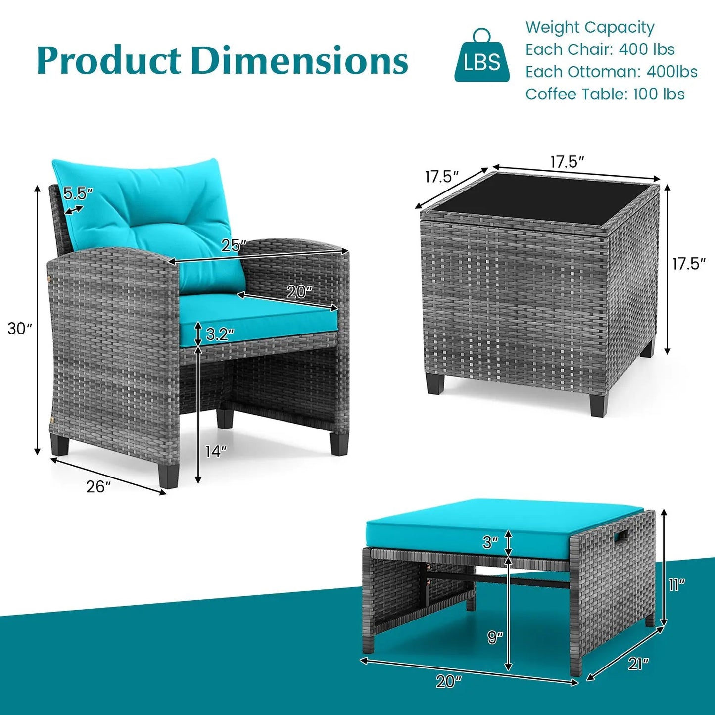 Patio Rattan Set with Ottomans and Glass Table