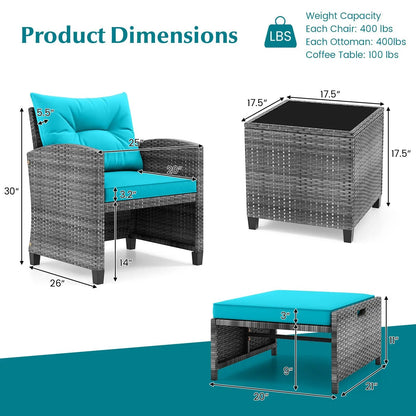 Patio Rattan Set with Ottomans and Glass Table