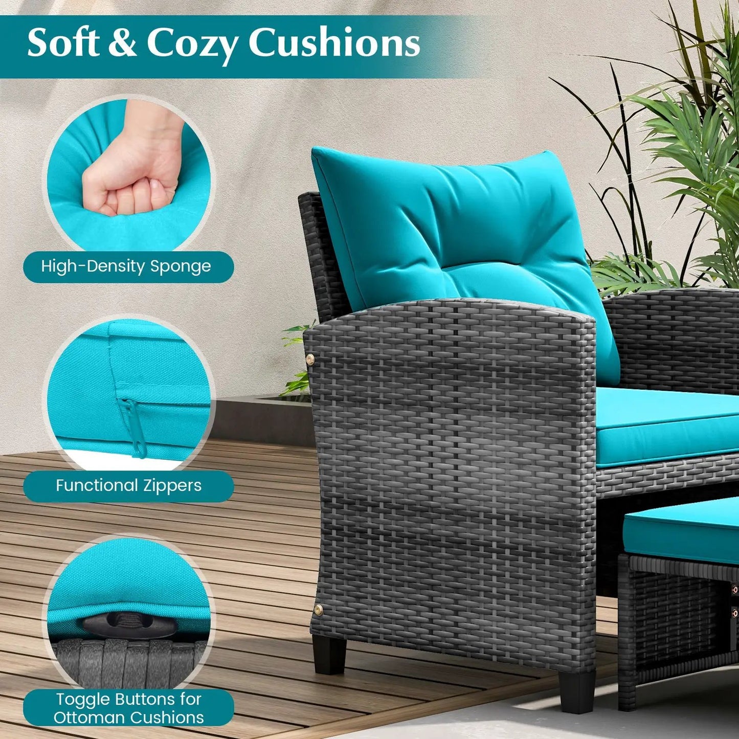 Patio Rattan Set with Ottomans and Glass Table