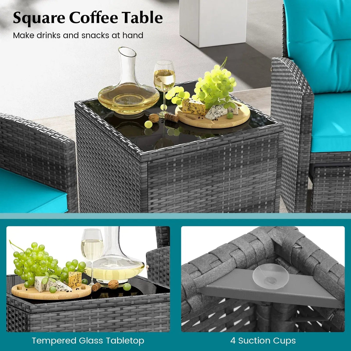 Patio Rattan Set with Ottomans and Glass Table