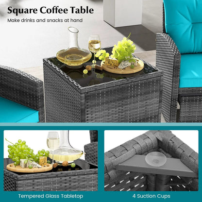 Patio Rattan Set with Ottomans and Glass Table
