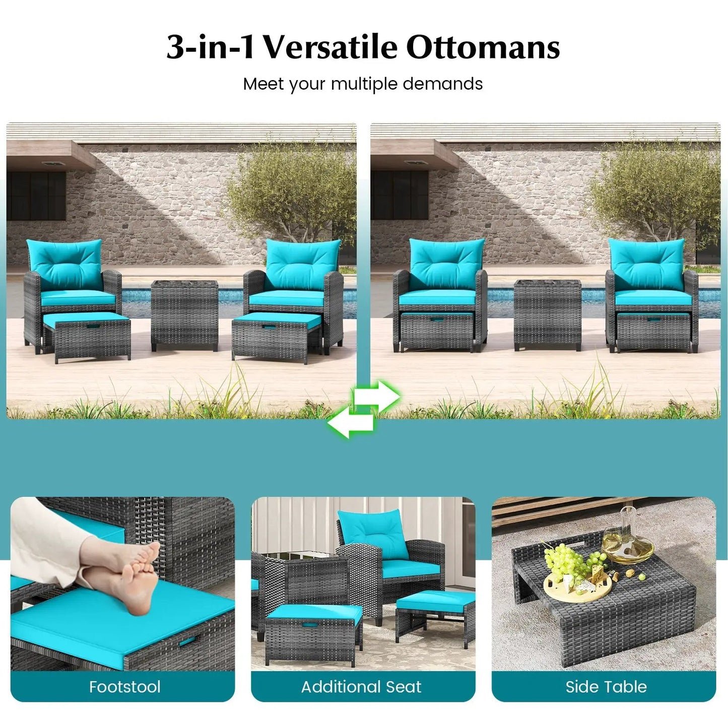 Patio Rattan Set with Ottomans and Glass Table