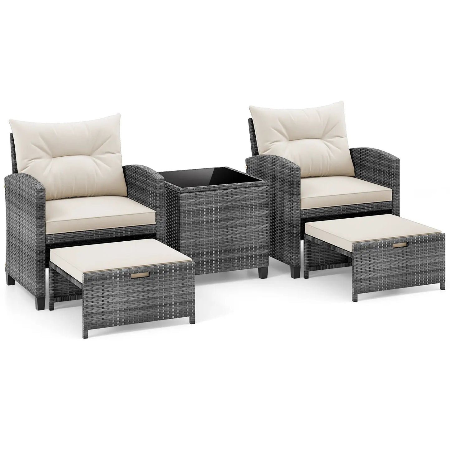 Patio Rattan Set with Ottomans and Glass Table