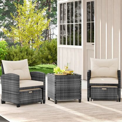 Patio Rattan Set with Ottomans and Glass Table