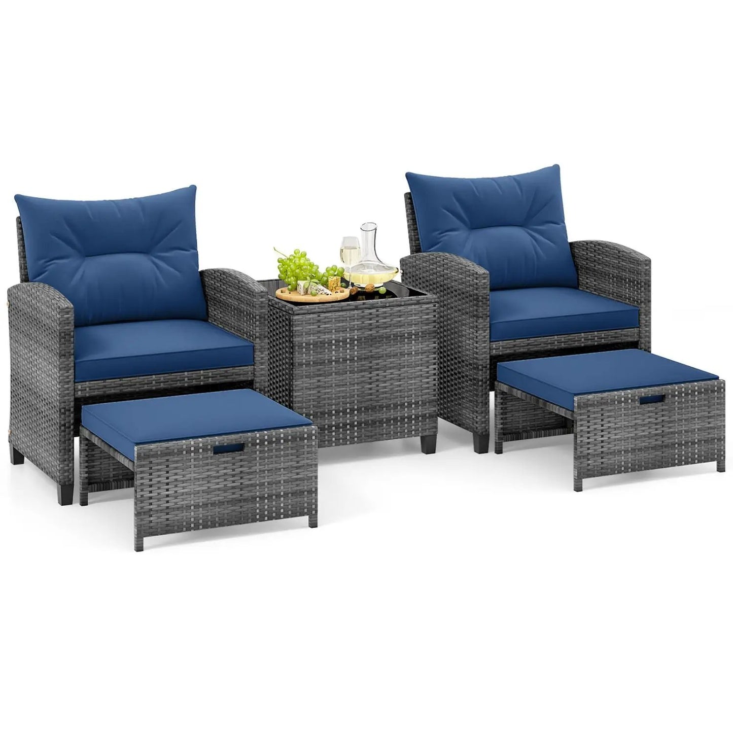 Patio Rattan Set with Ottomans and Glass Table