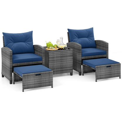 Patio Rattan Set with Ottomans and Glass Table