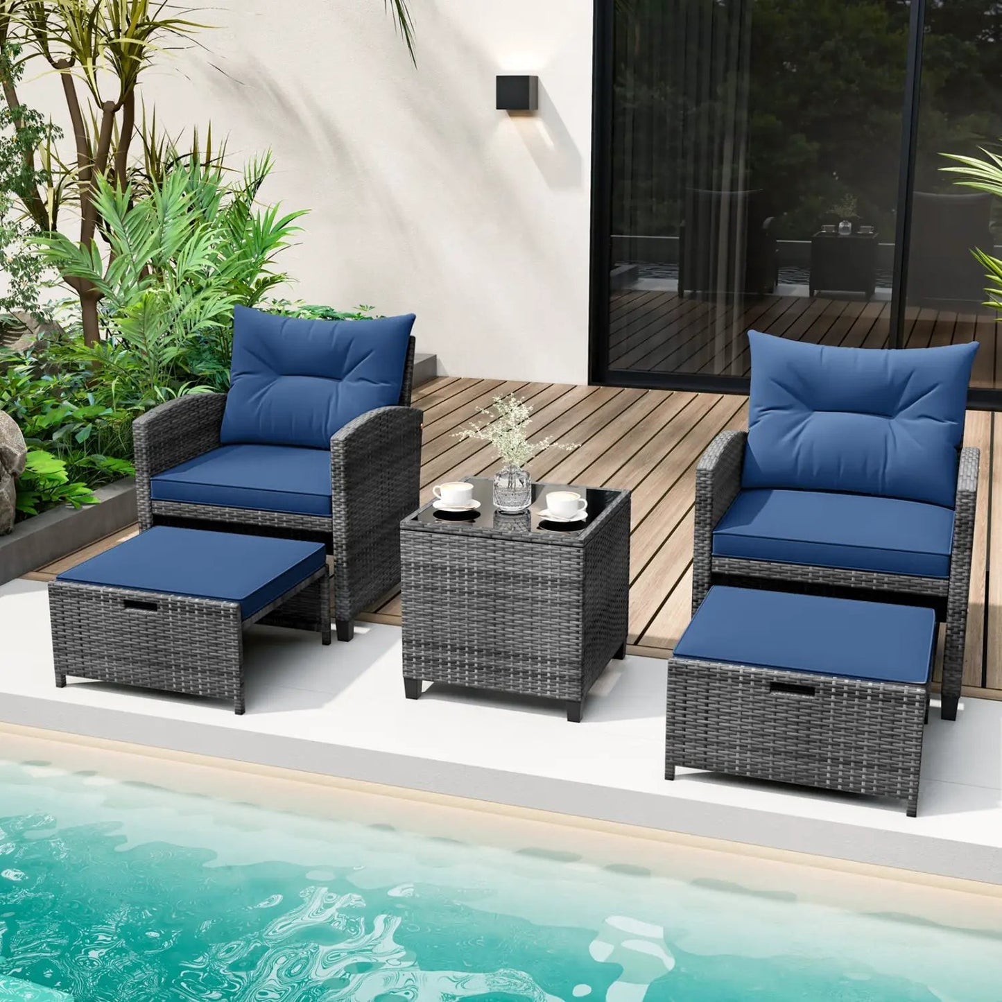 Patio Rattan Set with Ottomans and Glass Table