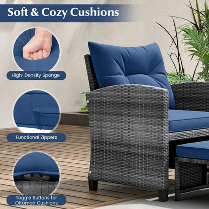 Patio Rattan Set with Ottomans and Glass Table