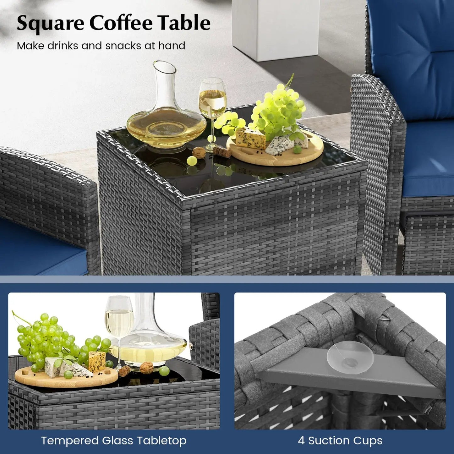 Patio Rattan Set with Ottomans and Glass Table