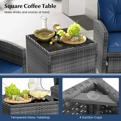 Patio Rattan Set with Ottomans and Glass Table
