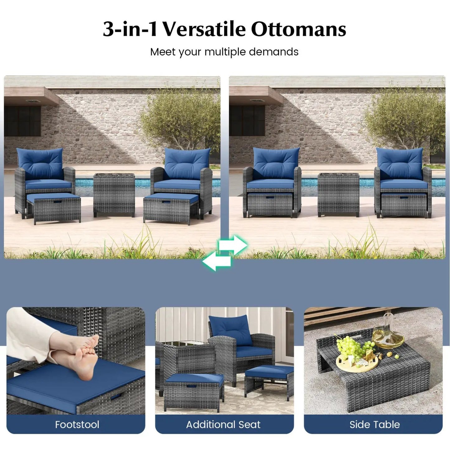 Patio Rattan Set with Ottomans and Glass Table