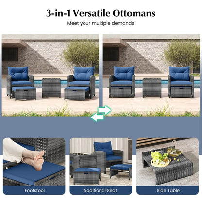 Patio Rattan Set with Ottomans and Glass Table