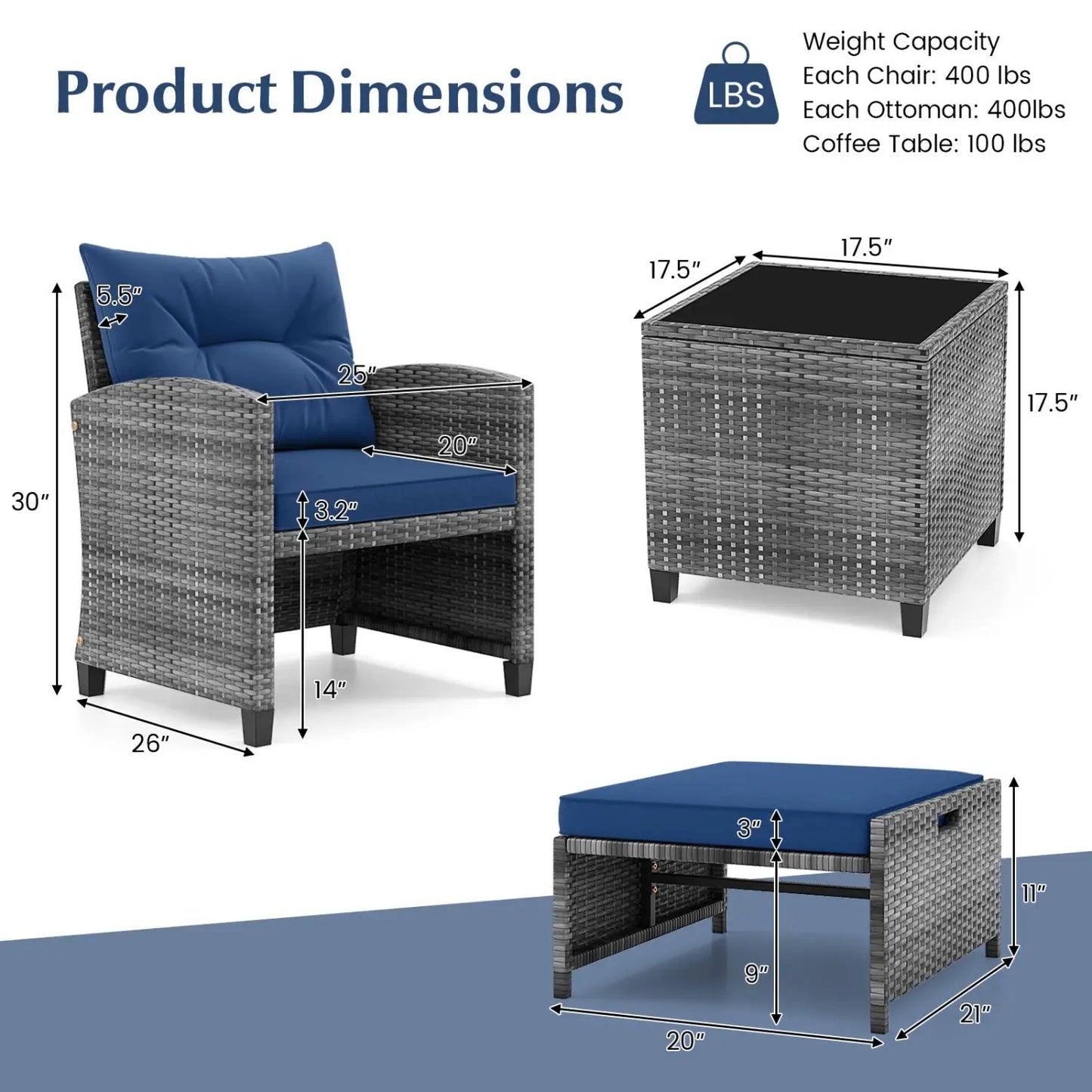Patio Rattan Set with Ottomans and Glass Table