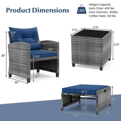Patio Rattan Set with Ottomans and Glass Table
