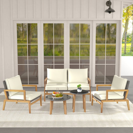 5 Piece Rattan Furniture Set Wicker Woven Sofa Set with 2 Tempered Glass Coffee Tables-Off White - Tampa Home & Garden Store