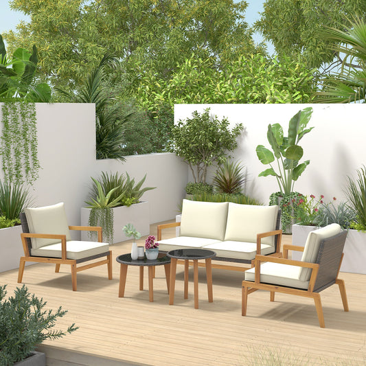 5 Piece Rattan Furniture Set Wicker Woven Sofa Set with 2 Tempered Glass Coffee Tables-Off White - Tampa Home & Garden Store