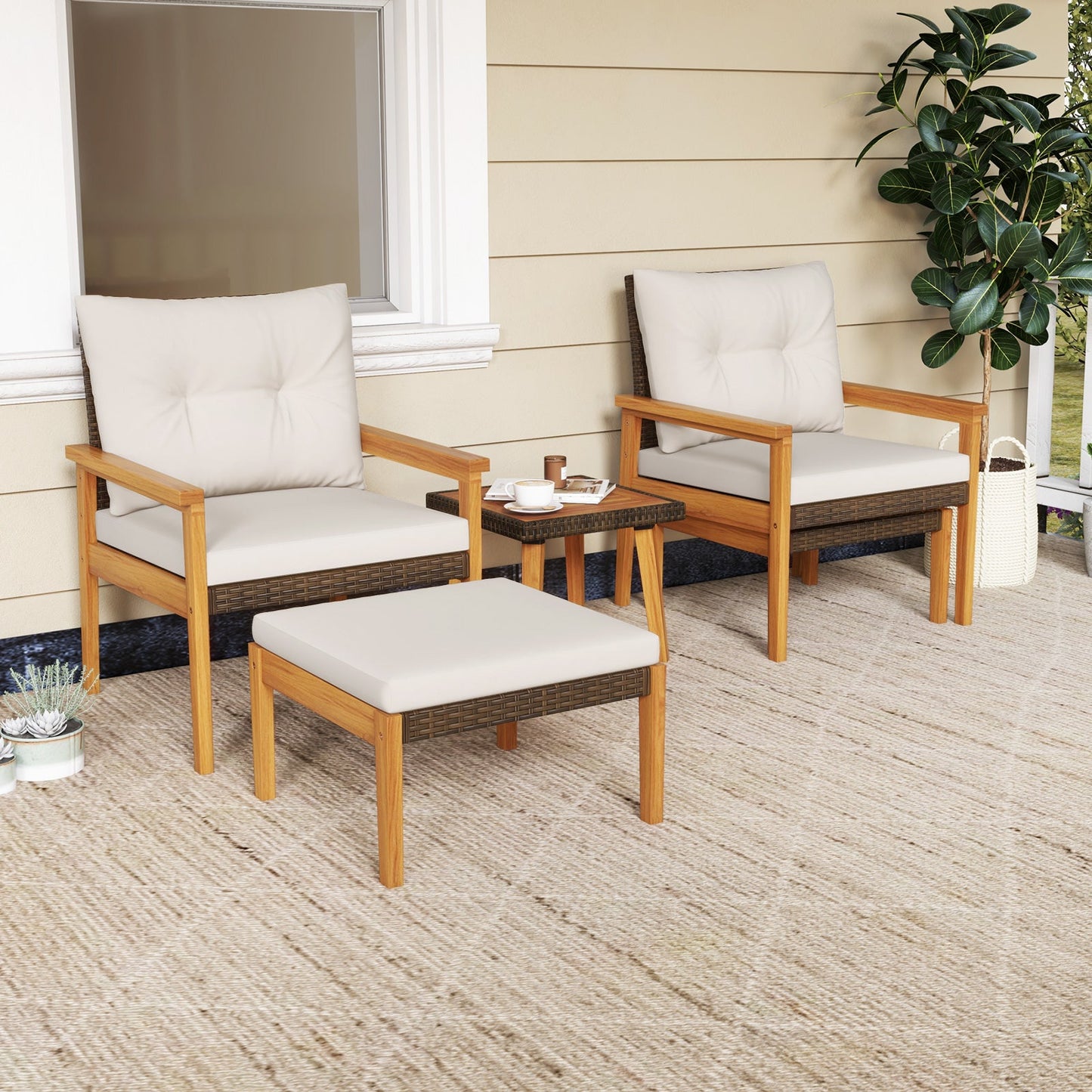 Juego de muebles de ratán de 5 piezas con mesa de centro cuadrada - blanco