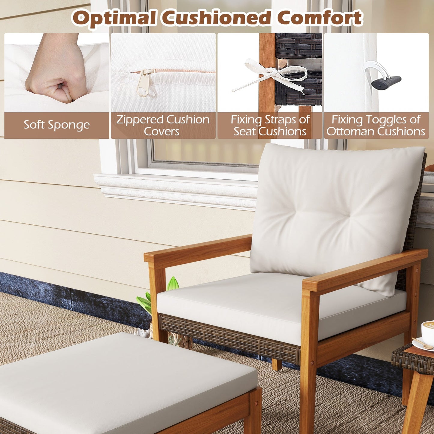 Juego de muebles de ratán de 5 piezas con mesa de centro cuadrada - blanco