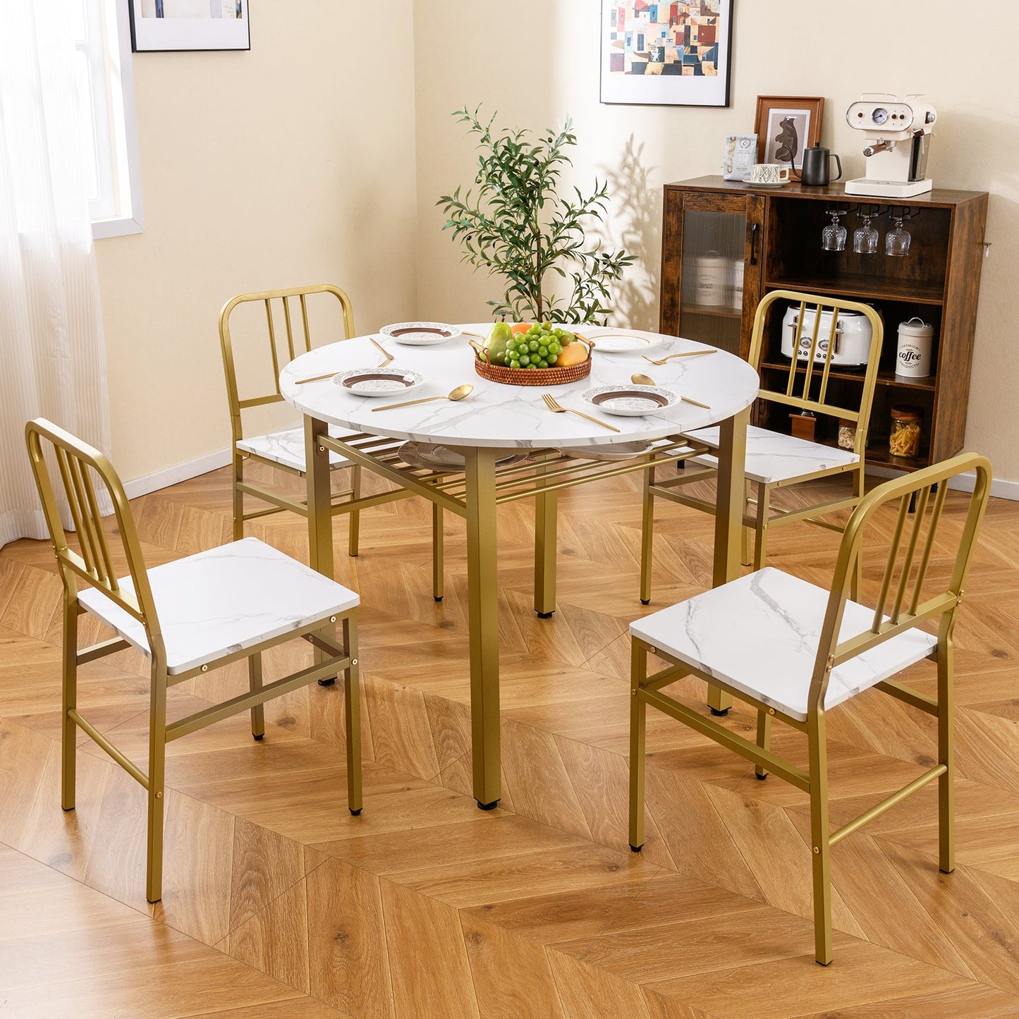 5-Piece Round Dining Table Set with Storage Shelf for Dining Room