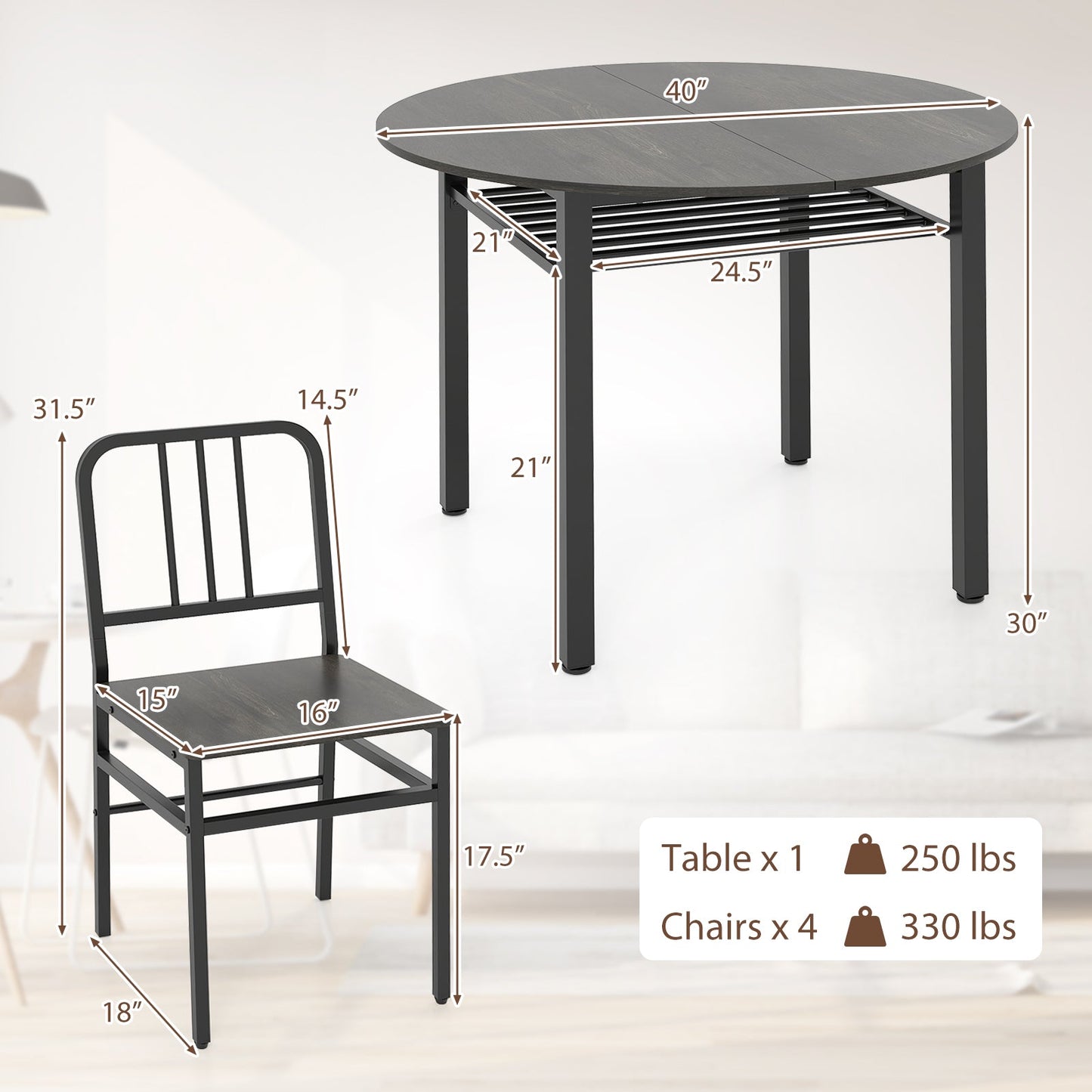 5-Piece Round Dining Table Set with Storage Shelf for Dining Room
