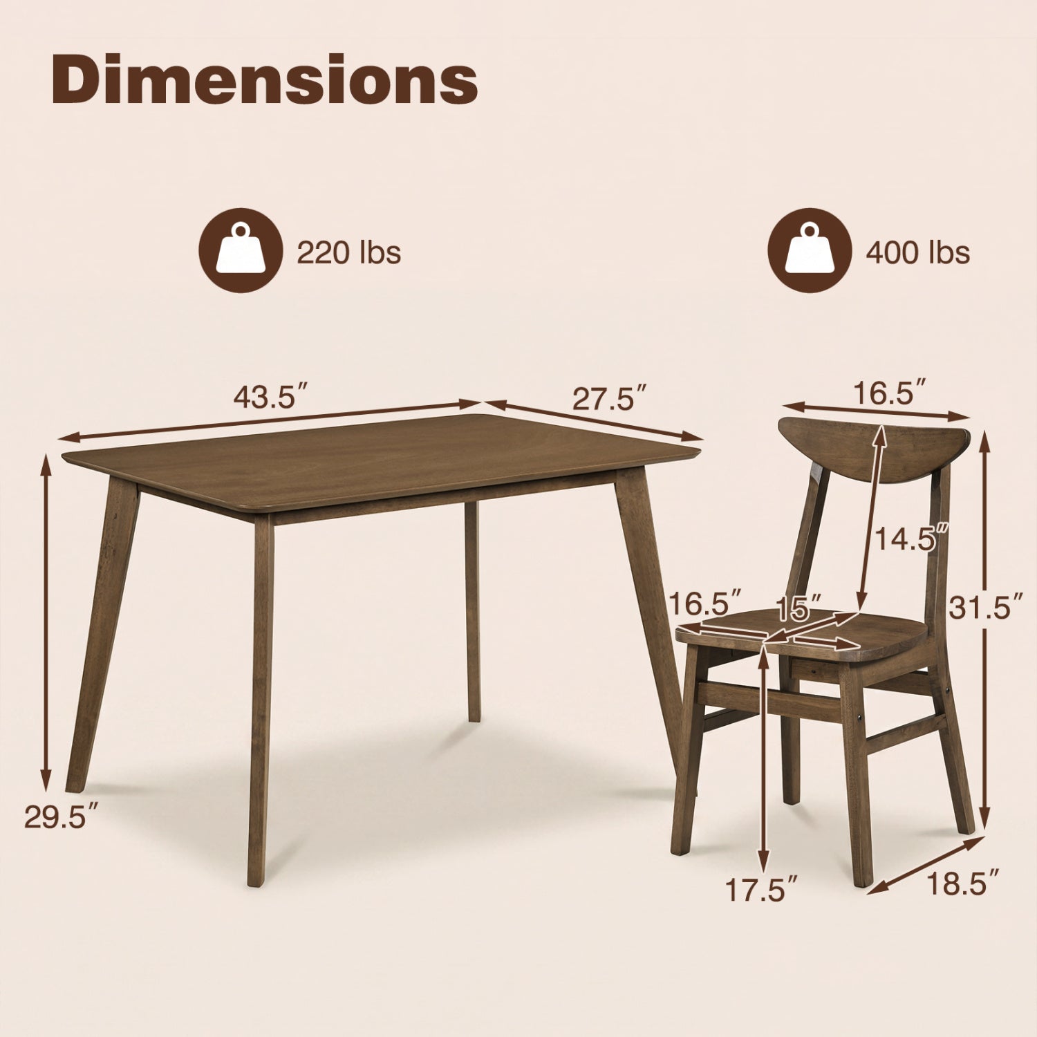 5-Piece Solid Wood Dining Table Set for Small Space in brown finish by DirectDeals on Tampa Home & Garden Store
