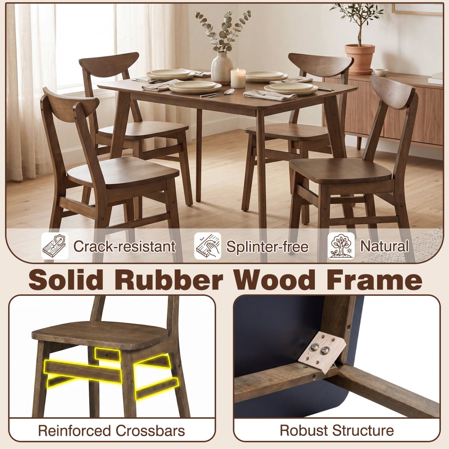 5-Piece Solid Rubber Wood Dining Set with four chairs in natural finish by DirectDeals on Tampa Home & Garden Store