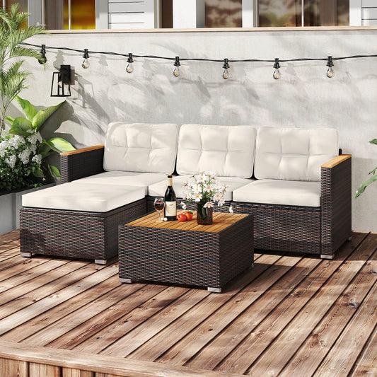 5-Piece Wicker Conversation Set Rattan Set with Cushions and Coffee Table-White - Tampa Home & Garden Store
