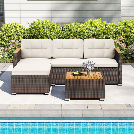 5-Piece Wicker Conversation Set Rattan Set with Cushions and Coffee Table-White - Tampa Home & Garden Store