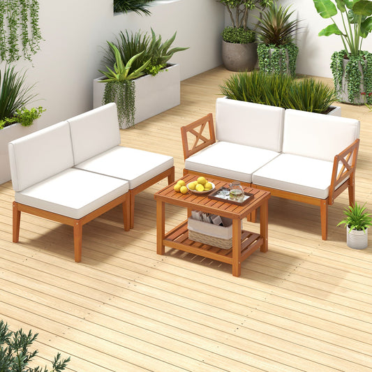 5 Pieces Acacia Wood Patio Furniture Set Outdoor Sectional Conversation Set with Cushions-Off White - Tampa Home & Garden Store