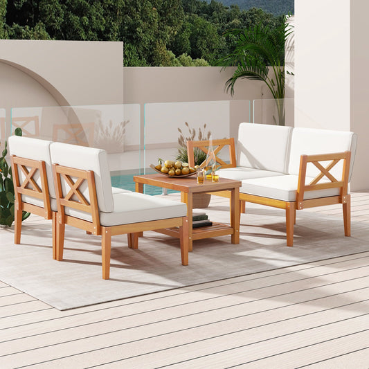 5 Pieces Acacia Wood Patio Furniture Set Outdoor Sectional Conversation Set with Cushions-Off White - Tampa Home & Garden Store