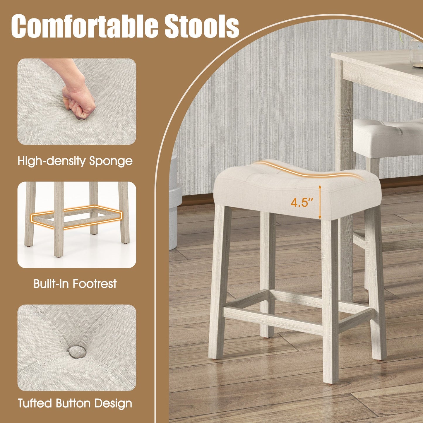 5 Pieces Bar Table Set with Square Table and 4 Padded Stools-Gray