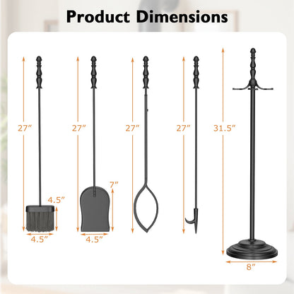 5-Pieces Fireplace Tool Set with Poker Tongs Brush Shovel and Round Stand
