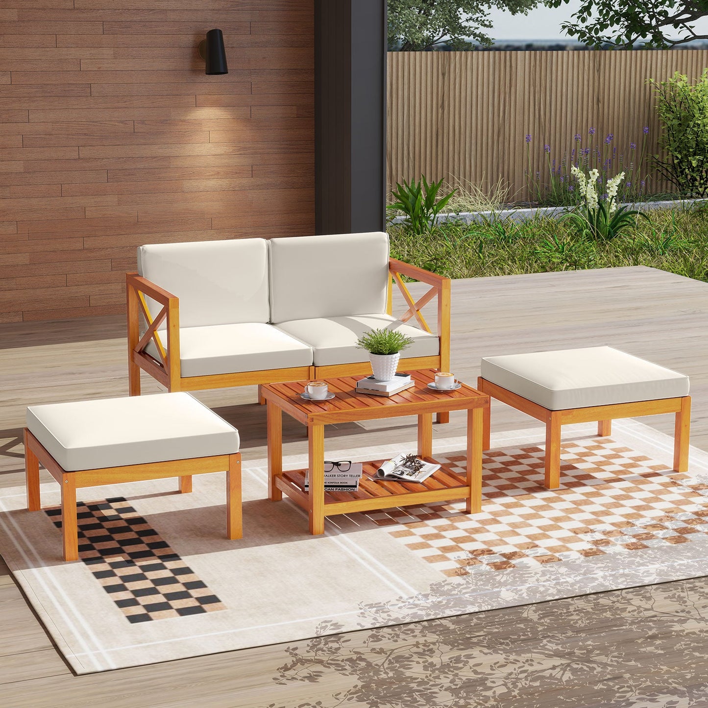 Juego de 5 Sillones de Jardín de Madera de Acacia con Otomanas y Cojines - Blanco