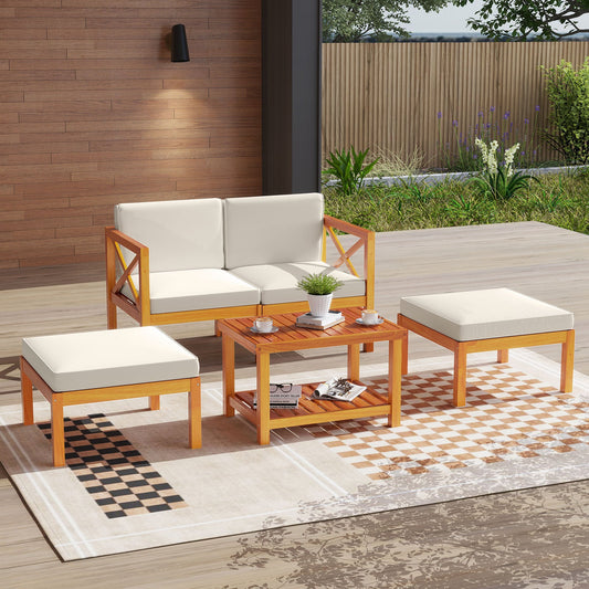 5 Pieces Acacia Wood Patio Lounge Chair Set with Ottomans and Cushions-White - Tampa Home & Garden Store