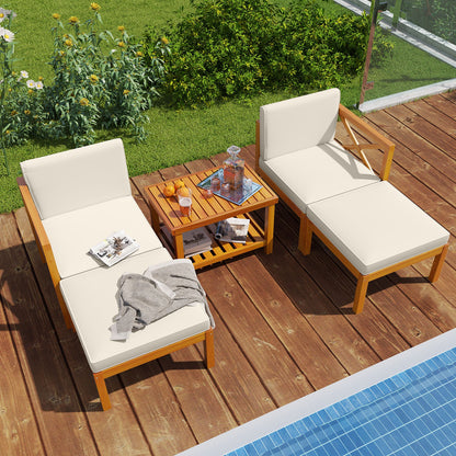 Juego de 5 Sillones de Jardín de Madera de Acacia con Otomanas y Cojines - Blanco