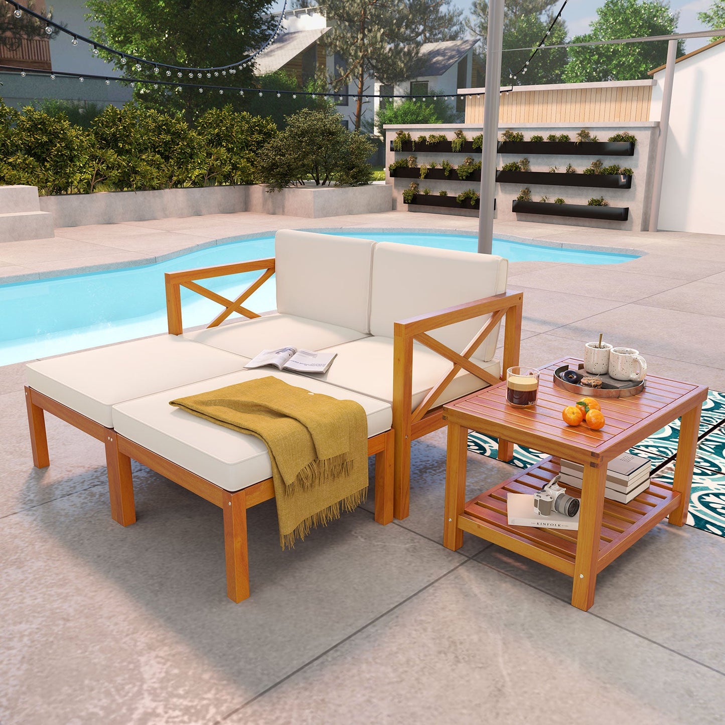 Juego de 5 Sillones de Jardín de Madera de Acacia con Otomanas y Cojines - Blanco