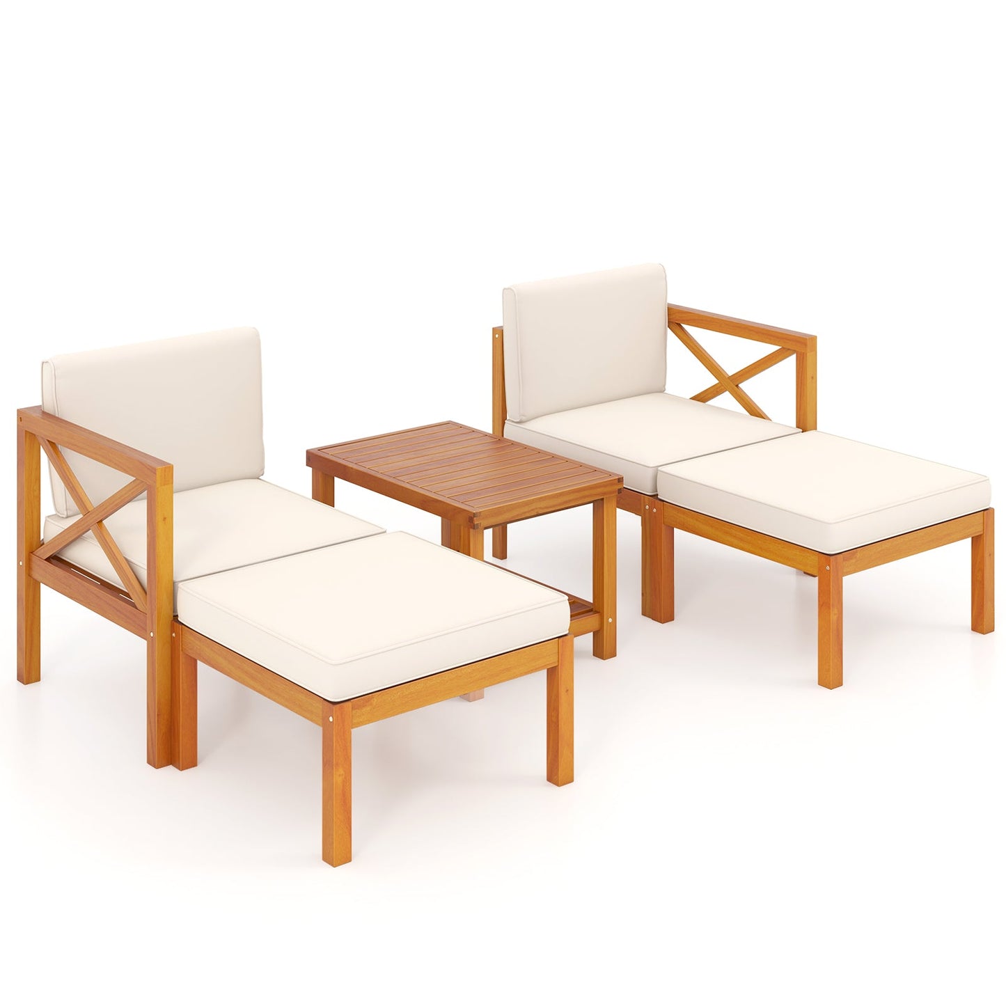 Juego de 5 Sillones de Jardín de Madera de Acacia con Otomanas y Cojines - Blanco
