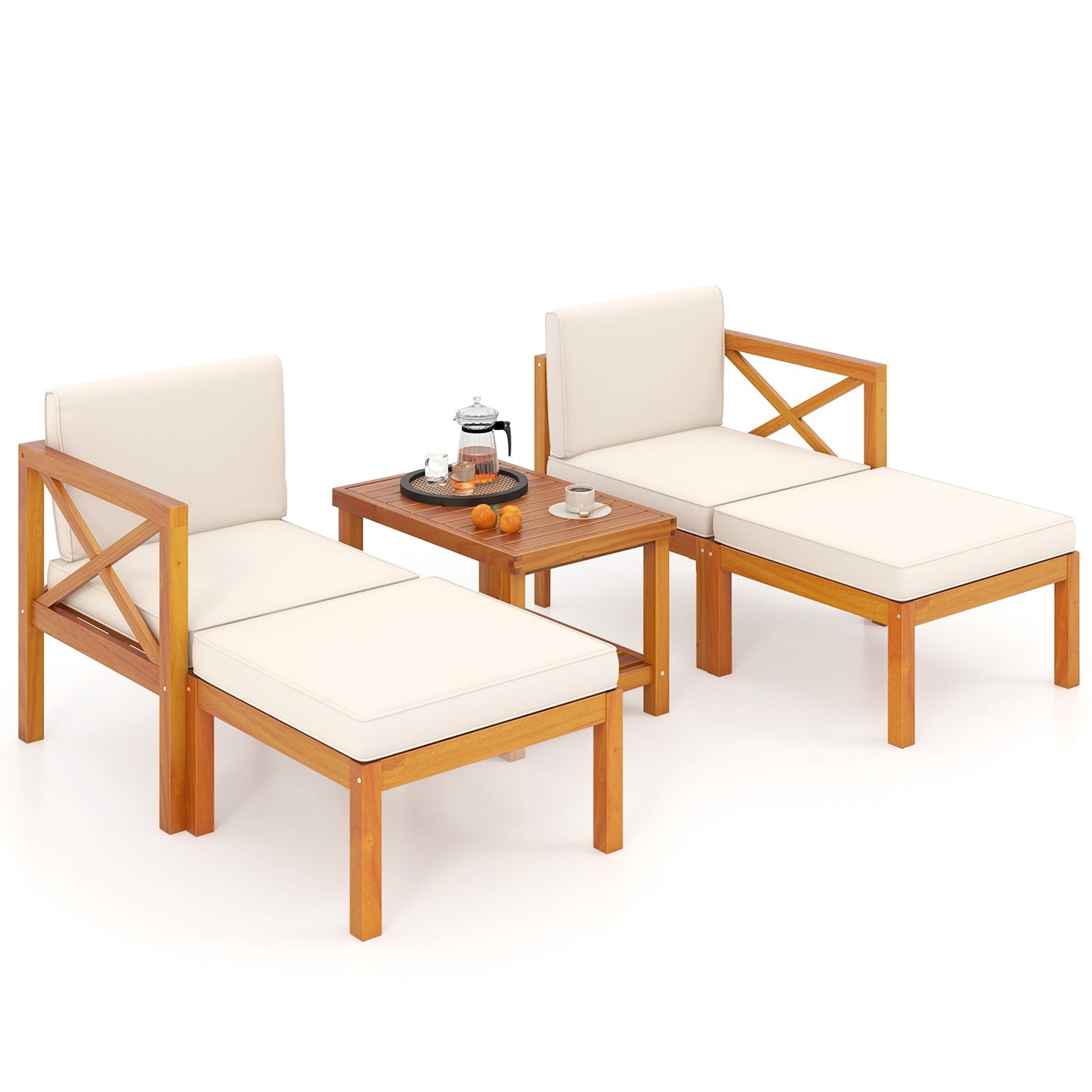 Juego de 5 Sillones de Jardín de Madera de Acacia con Otomanas y Cojines - Blanco