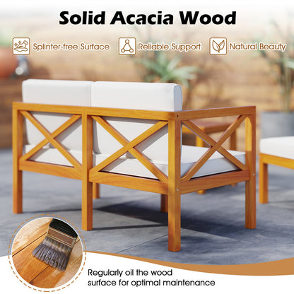 Juego de 5 Sillones de Jardín de Madera de Acacia con Otomanas y Cojines - Blanco