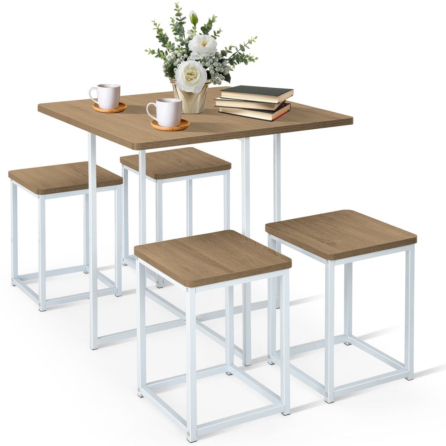 5 Pieces Metal Frame Dining Set with Compact Dining Table and 4 Stools-Walnut