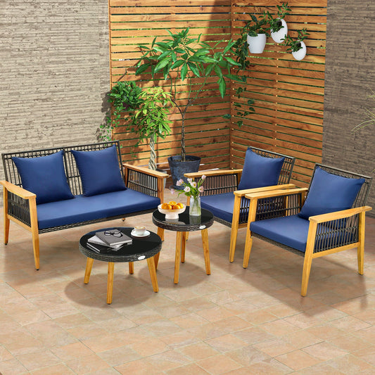 5 Piece Outdoor Conversation Set with 2 Coffee Tables for Backyard Poolside-Navy - Tampa Home & Garden Store