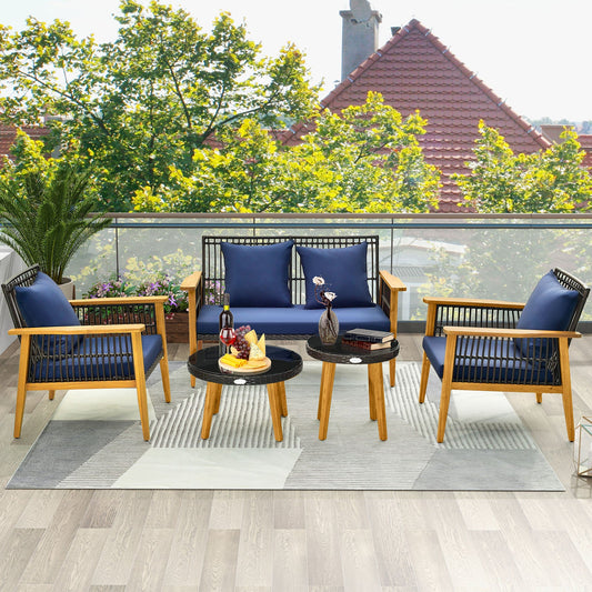5 Piece Outdoor Conversation Set with 2 Coffee Tables for Backyard Poolside-Navy - Tampa Home & Garden Store