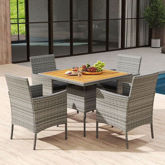5 Pieces PE Wicker Patio Dining Set Outdoor Acacia Wood Table and Chairs-Black - Tampa Home & Garden Store