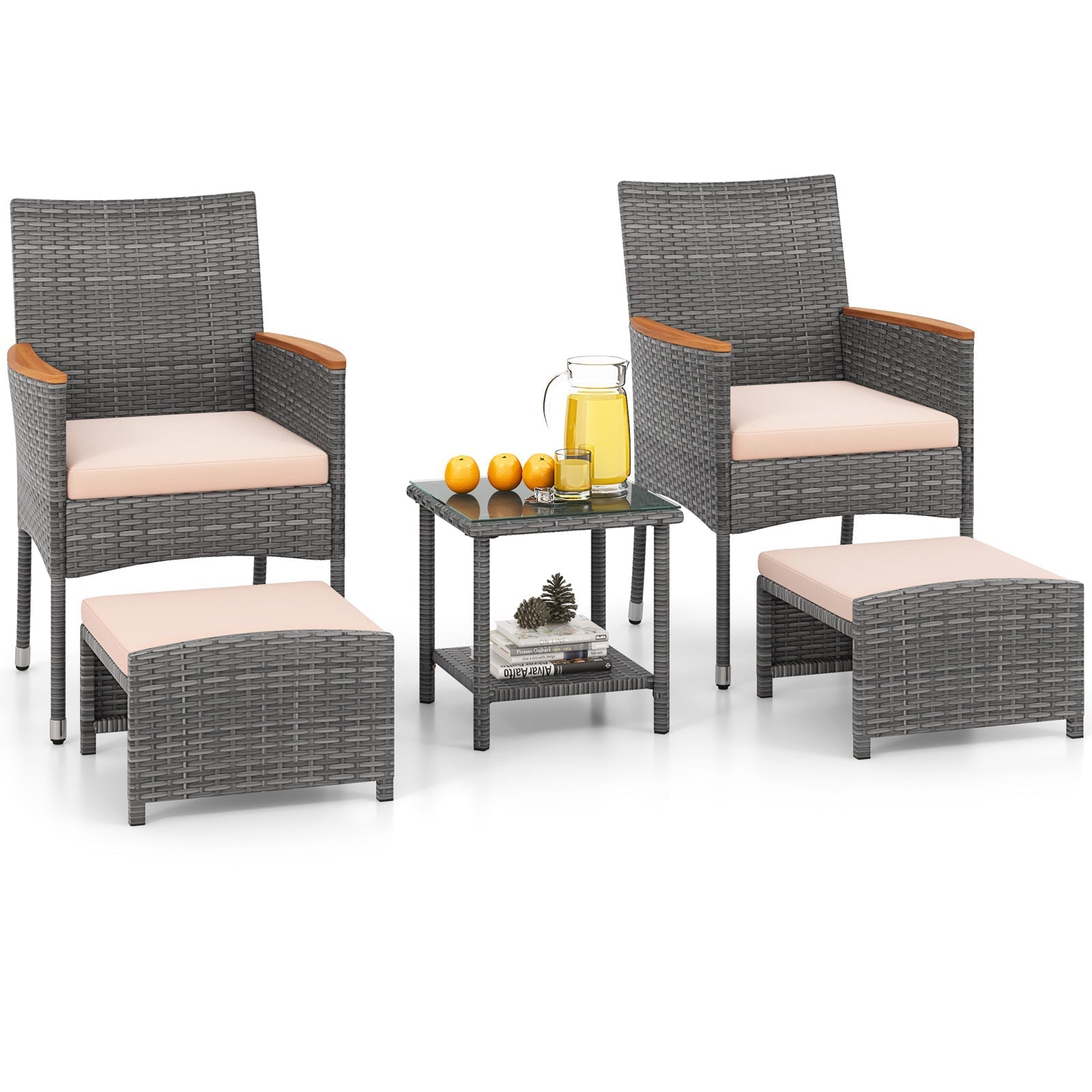 GemGear gray wicker outdoor patio seating set with 2 armchairs and 2 ottomans and glass coffee table on Tampa Home & Garden Store