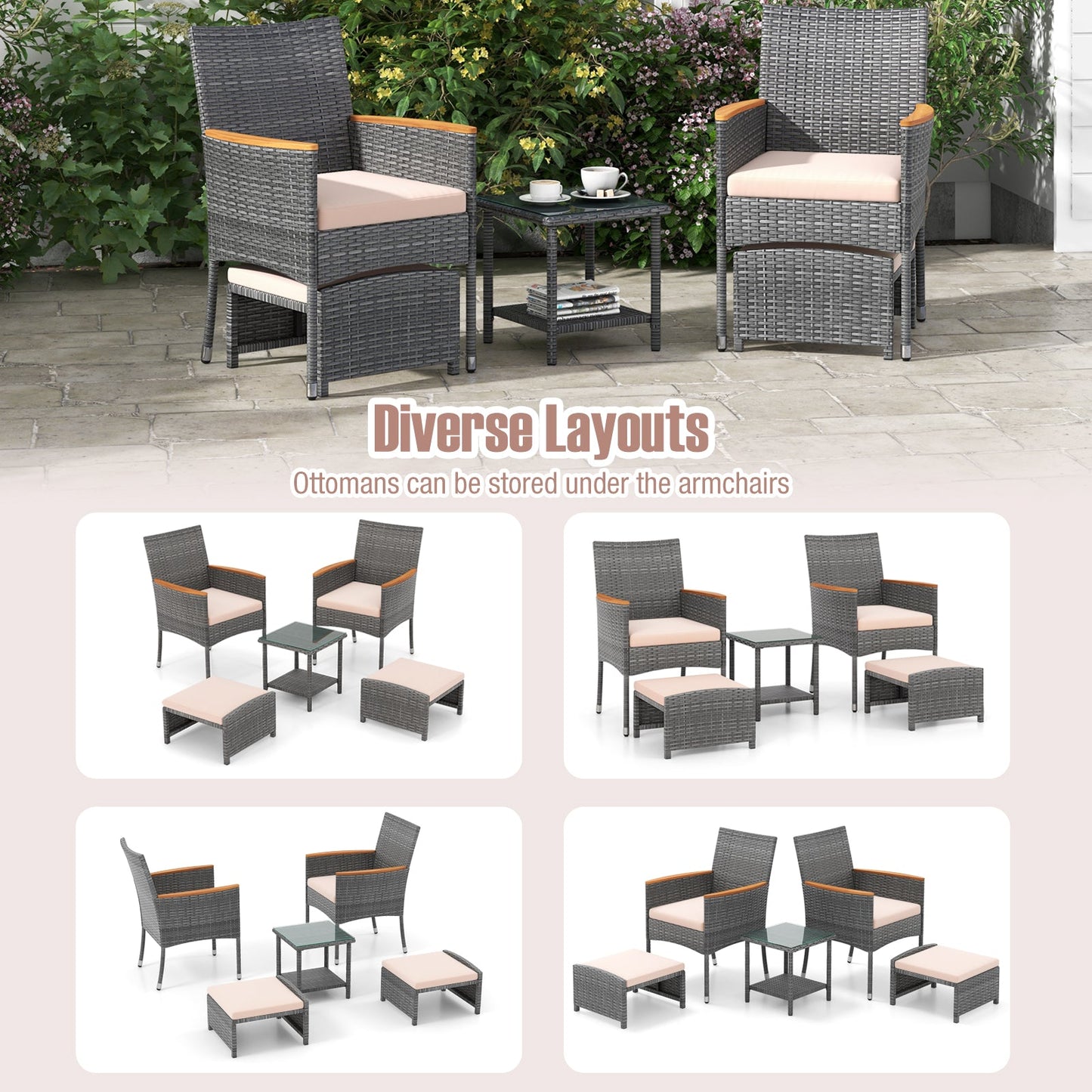 Juego de patio de 5 piezas con cojines suaves y otomanas - Beige