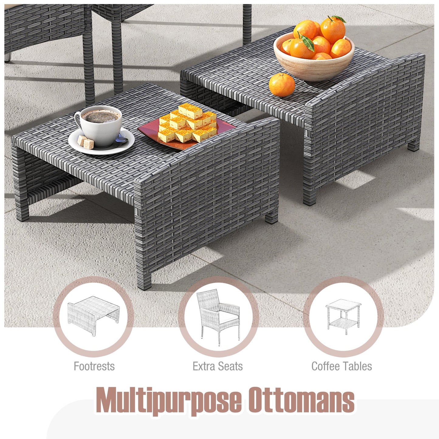 Juego de patio de 5 piezas con cojines suaves y otomanas - Beige